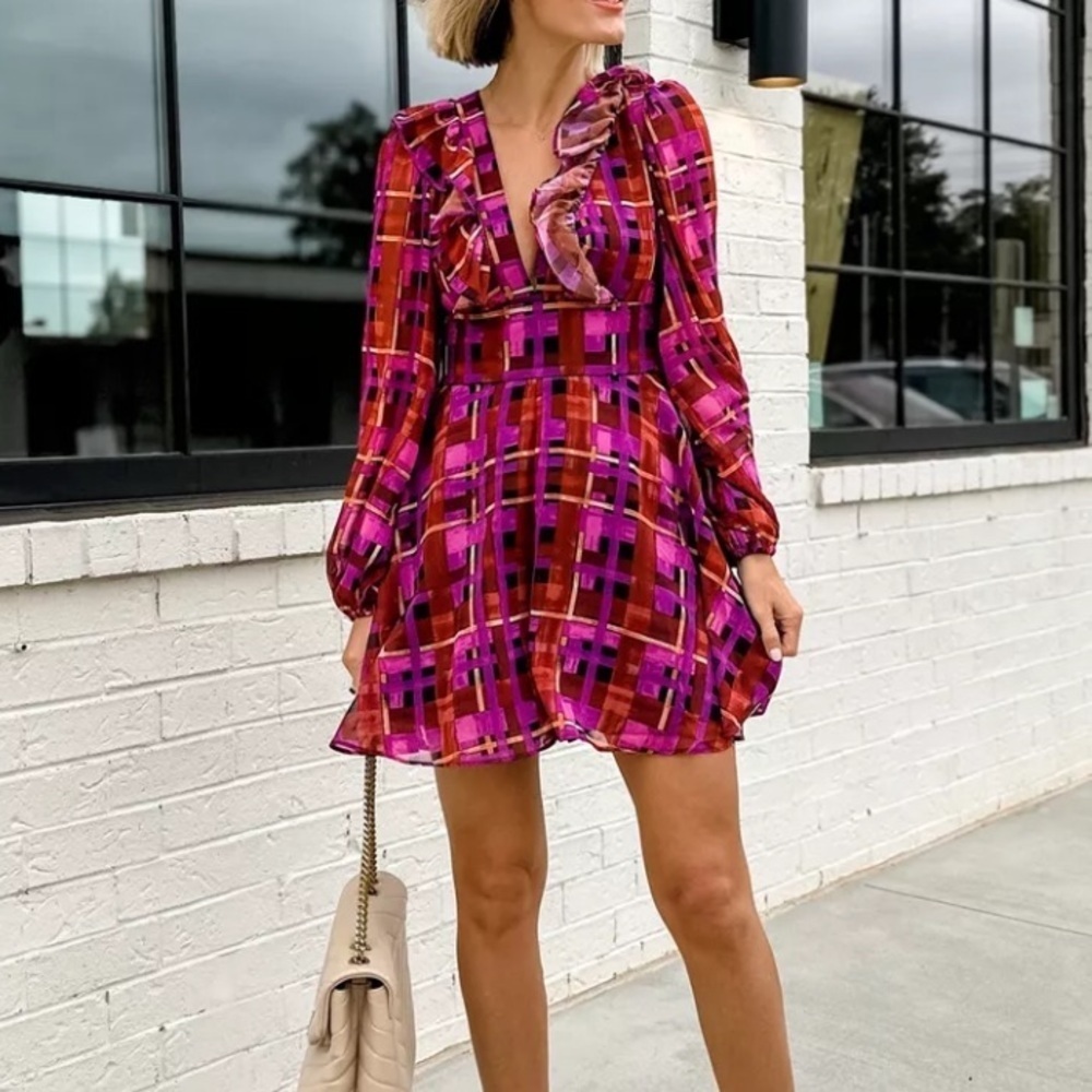 Anthropologie Hutch Geometric Plaid Ruffle V-Neck Romper Long Sleeve Pink Purple